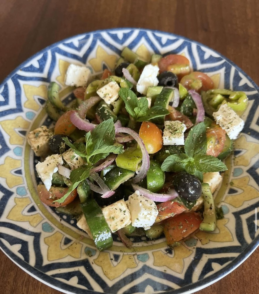 Greek salad with feta, olives, cucumber, and tomatoes