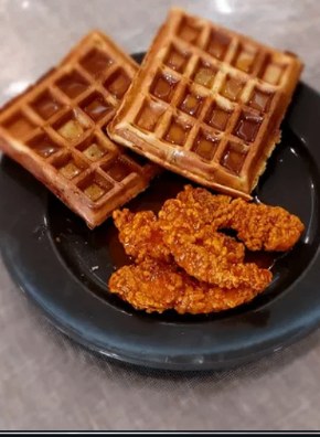 Belgian waffles served with spiced romesco dip