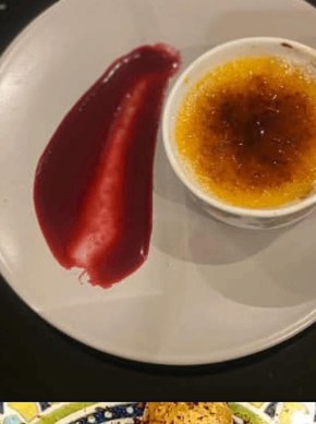 Crème brûlée with a glassy caramel top and raspberry coulis